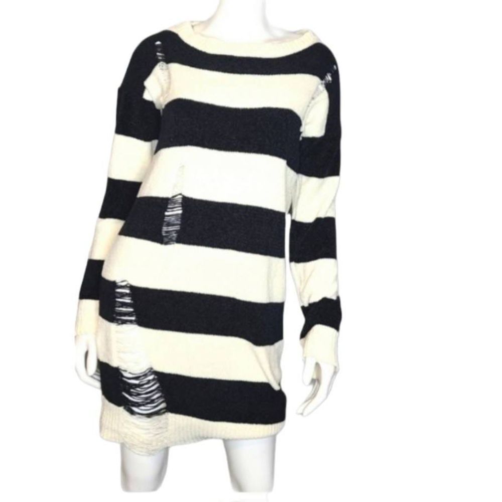 Trendy Threads Striped Sweater Dress Size Medium Black Cream Distressed